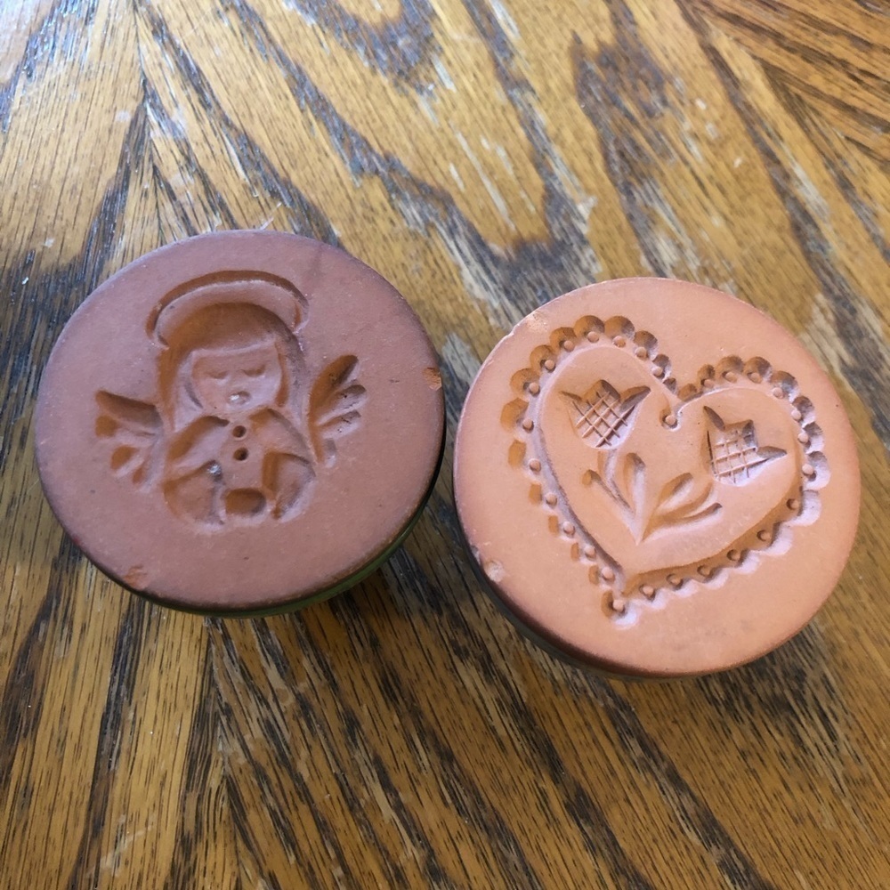 Vintage Terracotta 2” Butter Or Cookie Press Vintage Clay Heart Tulips Angel